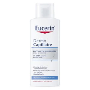 Flasche mit Eucerin Dermo Capillaire Kopfhautberuhigendem Urea Shampoo, ohne Duftstoffe, 5% Urea.