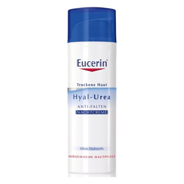 Eucerin Hyal-Urea Anti-Falten Nachtcreme in einer weißen Kunststoffflasche mit blauer Kappe, für trockene Haut.