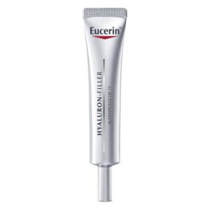 Eucerin Hyaluron-Filler Augenpflege in einer silbernen Tube mit Applikator, SPF 15, zur Pflege der Augenpartie.