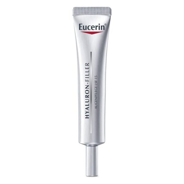 Eucerin Hyaluron-Filler Augenpflege in einer silbernen Tube mit Applikator, SPF 15, zur Pflege der Augenpartie.