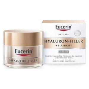 Hyaluron-Filler Nachtcreme von Eucerin in einer Glastiegelverpackung neben der entsprechenden Kartonverpackung.