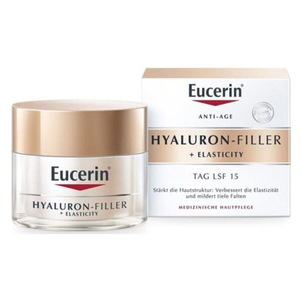 Eucerin Hyaluron-Filler + Elasticity Gesichtscreme im Topf mit goldener Kappe und Verpackung, die Anti-Aging-Eigenschaften betont.