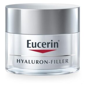 Transparenter Tiegel mit silbernem Deckel, beschriftet mit "Eucerin HYALURON-FILLER".