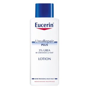 Flasche Eucerin UreaRepair PLUS Lotion mit 5% Urea und Ceramiden zur Pflege sehr trockener Haut.