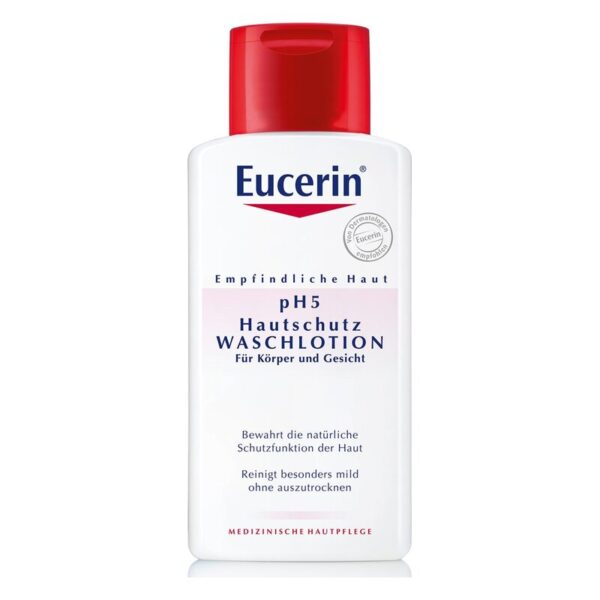 Flasche Eucerin pH5 Hautschutz Waschlotion für empfindliche Haut, mit rotem Deckel und beschreibendem Etikett.