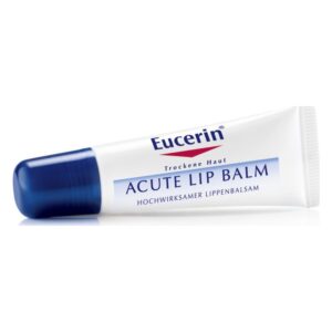 Eucerin Acute Lip Balm in einer weißen Tube mit blauen Akzenten, optimal für trockene Lippen.