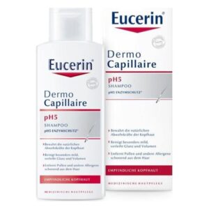 Eucerin Dermo Capillaire pH5 Shampoo in Flasche und Umverpackung, speziell für empfindliche Kopfhaut.