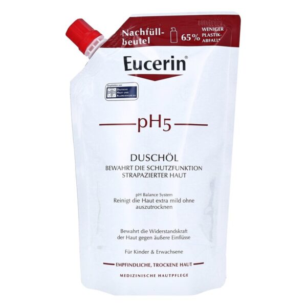 Nachfüllbeutel mit Eucerin pH5 Duschöl für empfindliche und trockene Haut, mit wichtigen Pflegehinweisen.