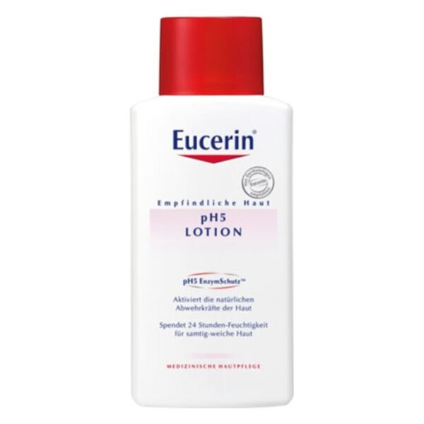 Eucerin pH5 Lotion für empfindliche Haut in weißer Flasche mit rotem Deckel, feuchtigkeitsspendend und schützend.