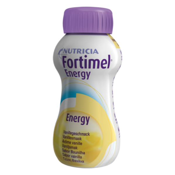 Flasche mit Fortimel Energy in Vanillegeschmack, mit lila Schraubverschluss und gelb-blauem Design.