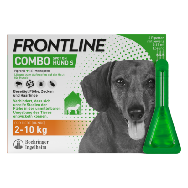 Verpackung von Frontline Combo Spot on für Hunde, zeigt eine Pipette und einen Hund. Beseitigt Floh- und Zeckenbefall.