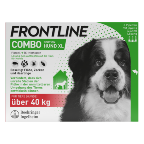 Verpackung von FRONTLINE COMBO für große Hunde, zeigt einen Hund mit Hinweis auf Floh- und Zeckenbekämpfung.