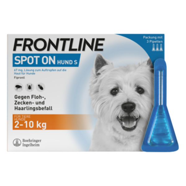 Verpackung von Frontline Spot On für kleine Hunde gegen Flöhe, Zecken und Haarlingsbefall mit einer Pipette.