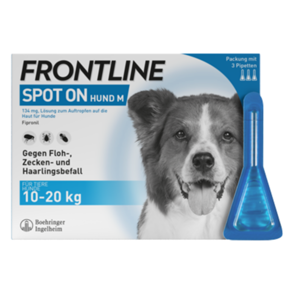 Verpackung von FRONTLINE Spot On für Hunde mit einem Hundebild und Pipette zur Bekämpfung von Flöhen und Zecken.