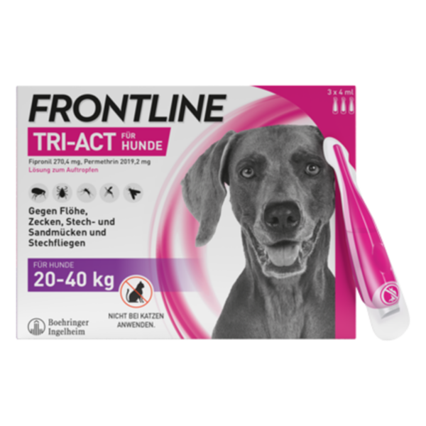 Verpackung von FRONTLINE TRI-ACT für Hunde, enthält Lösung zum Auftropfen gegen Parasiten, mit Bild eines Hundes.