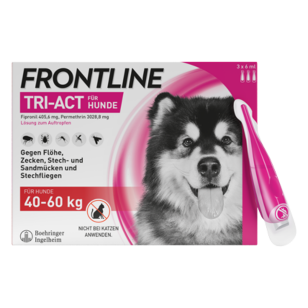 Verpackung von FRONTLINE TRI-ACT für Hunde, bestehend aus einer Lösung gegen Parasiten, mit einem lächelnden Hund auf der Vorderseite.