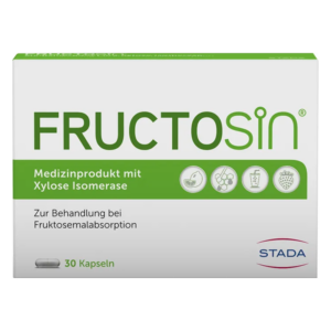 Packung mit 30 Kapseln Fructosin, einem medizinischen Produkt zur Behandlung von Fruktosemalabsorption.