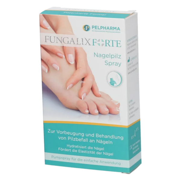 Verpackung des FUNGALIX Forte Nagelpilz Sprays mit abgebildeten Händen und Füßen. Enthält Anwendungsinformationen und Vorteile.