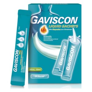 Packung Gaviscon Liquid Sachets mit mintfarbener Flüssigkeit, 10 ml Beutel, enthält Wirkstoffe gegen Sodbrennen.
