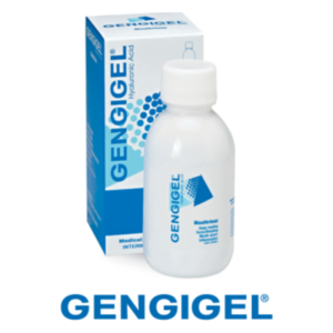 Flasche mit Gengigel, einem Mundpflegeprodukt, umgeben von einer blauen Verpackung mit medizinischen Informationen.