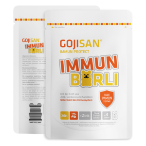 Verpackung des Nahrungsergänzungsmittels GOJISAN IMMUN BORLI mit bärchenförmigem Logo und Angaben zu Inhaltsstoffen.