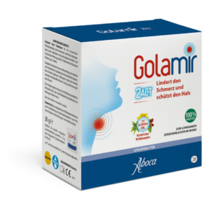 Verpackung von Golamir 2ACT, Lutschtabletten zur Schmerzlinderung und Halsschutz, mit blauer und roter Schrift.