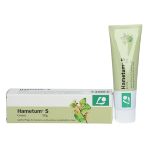 Tube und Verpackung von Hametum S Creme zur Pflege trockener und empfindlicher Haut.