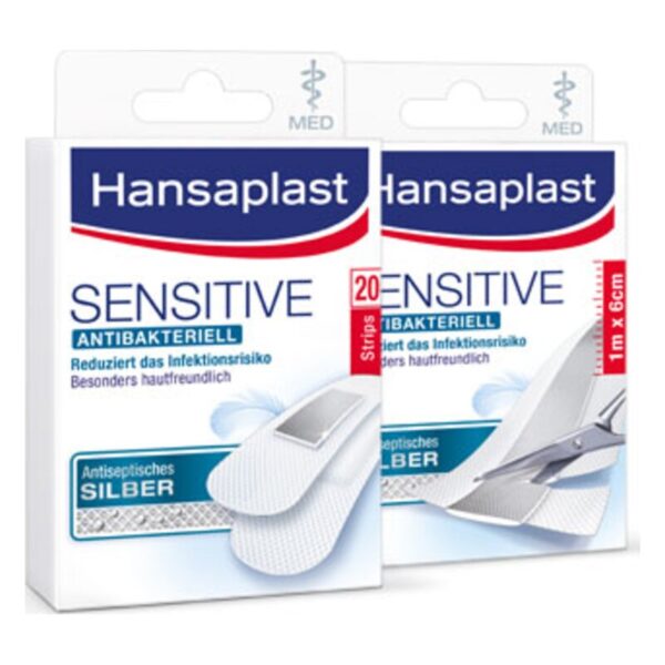 Verpackung von Hansaplast Sensitive, antibakteriellen Pflastern, mit Informationen über deren Schutz und Hautfreundlichkeit.