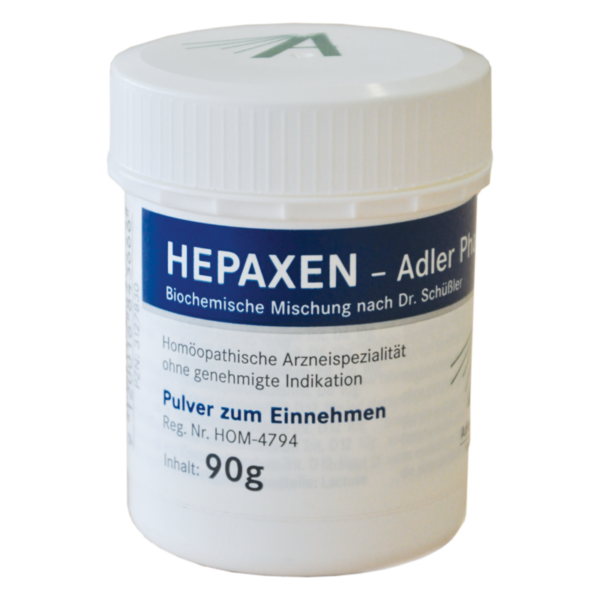 Weißer Plastikbehälter mit Schraubverschluss, beschriftet mit "HEPAXEN - Adler Pharma", enthält Pulver zum Einnehmen.