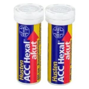 Zwei Röhrchen Husten ACC Hexal akut mit gelb-blauer Verpackung und rotem Pfeil nach oben.