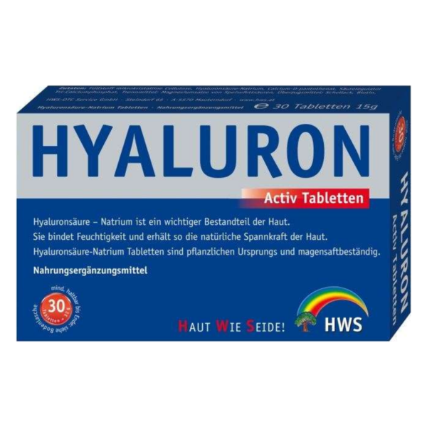 Verpackung von Hyaluronsäure-Natrium Tabletten, 30 Stück, zur Hautfeuchtigkeit und Spannkraft.