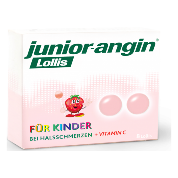 Packung mit junior-anging Lollis für Kinder bei Halsschmerzen, mit einem fröhlichen Erdbeer-Maskottchen und Vitamine C