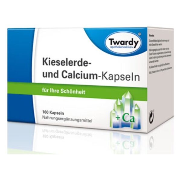 Verpackung von Twardy Kieselerde- und Calcium-Kapseln, die für Schönheitspflege beworben werden.