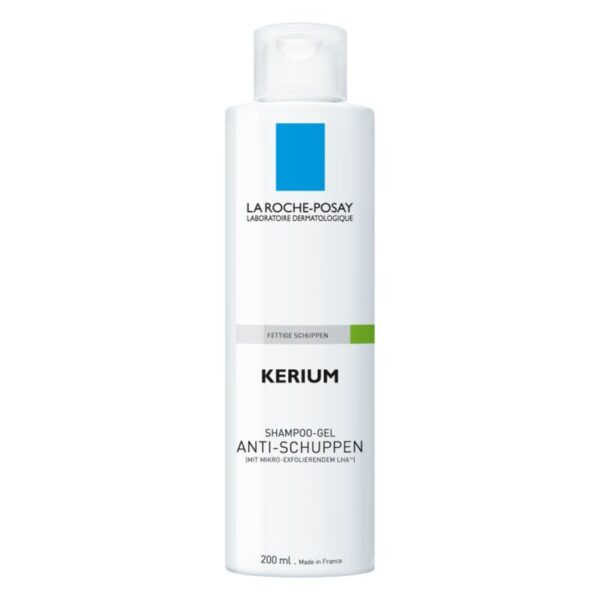 Flasche mit La Roche-Posay KERIUM Anti-Schuppen Shampoo-Gel für fettige Schuppen, 200 ml, weiß mit blauer und grüner Markierung.