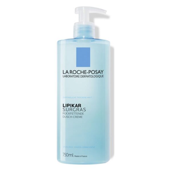 Transparente Flasche mit Pumpspender von La Roche-Posay, enthält rückfettende Dusch-Creme für empfindliche Haut.