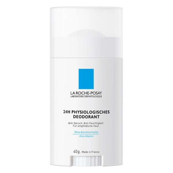 Weißer Deoroller von La Roche-Posay mit blauer Logovorlage, 24H Deodorant für empfindliche Haut, ohne Alkohol.