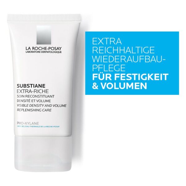 Tube mit Hautpflegecreme von La Roche-Posay, beschriftet als 'Substiane Extra-Rich' für Festigkeit und Volumen.