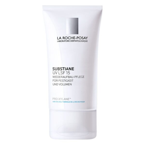 Tube mit feuchtigkeitsspendender Gesichtscreme von La Roche-Posay, mit UV-Schutz und Anti-Aging-Eigenschaften.
