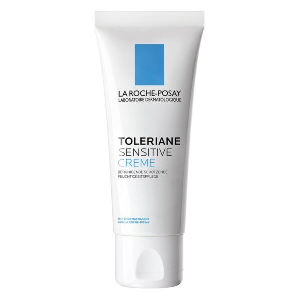 Tube mit La Roche-Posay Toleriane Sensitive Creme, einer beruhigenden Feuchtigkeitspflege für sensible Haut.