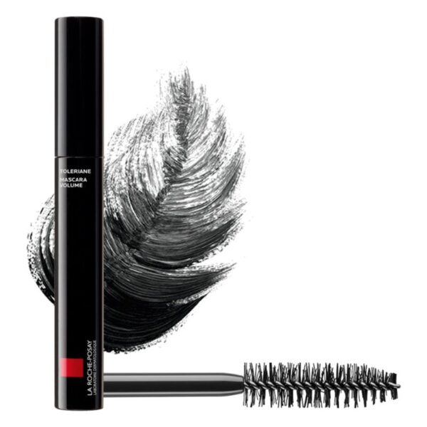 Schwarze Mascara mit voluminösem Pinsel und Pinselstrich-Hintergrund, verpackt in einem schlanken Röhrchen.