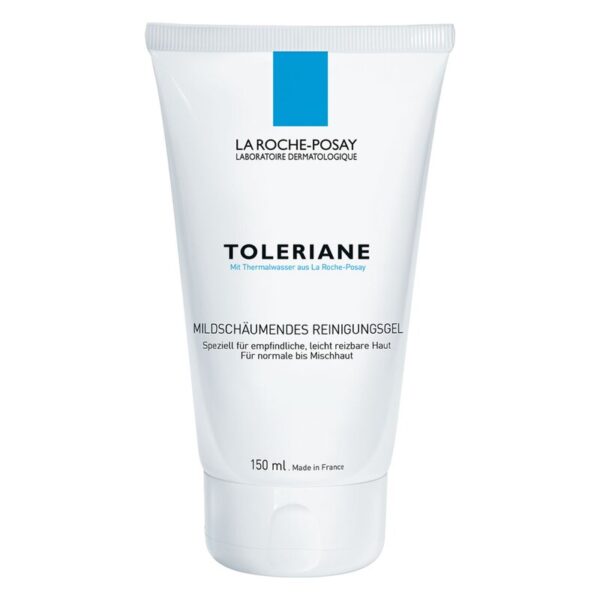 Tubenverpackung eines milden Reinigungsgels mit blauem Etikett für empfindliche Haut.