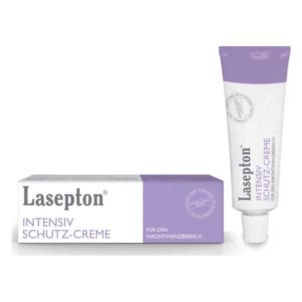 Lasepton Intensiv Schutz-Creme in einer Tube mit lila Verschluss, für den Inkontinenzbereich, verpackt in einer Kartonschachtel.