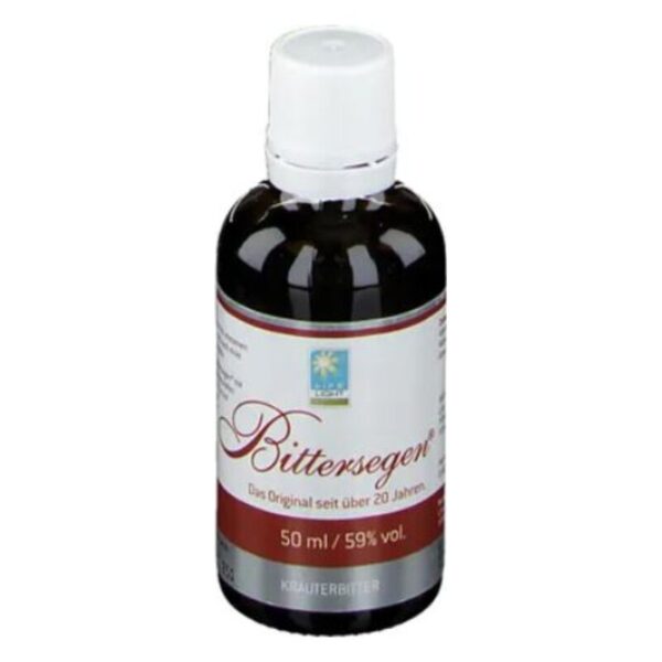 Flasche Kräuterbitter "Bittersegen" mit schwarzem Inhalt, weißem Verschluss und einer Etikette mit Informationen und Logo.