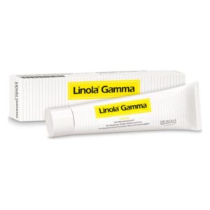 Linola Gamma Creme in einer weißen Tube und Verpackung, zur Anwendung bei trockener Haut und Hautproblemen.