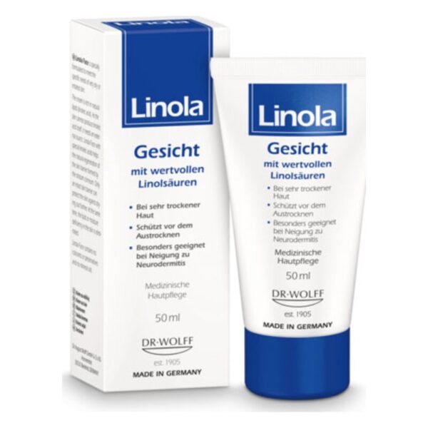 Linola Gesichtscreme in einer Tube und Verpackung, empfohlen für trockene Haut und Neurodermitis.