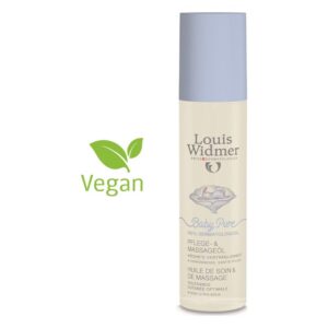 Flasche mit pflegendem Babyöl von Louis Widmer, vegan, mit hellblauem Deckel und der Aufschrift "Baby Pure".