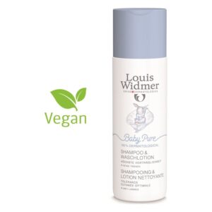 Flasche mit Shampoo und Lotion für Babys von Louis Widmer, vegan und dermatologisch getestet, freundliches Design.