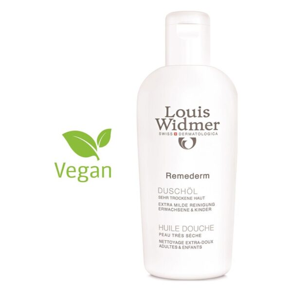 Flasche mit Duschöl von Louis Widmer für sehr trockene Haut, vegan und extra milde Reinigung.