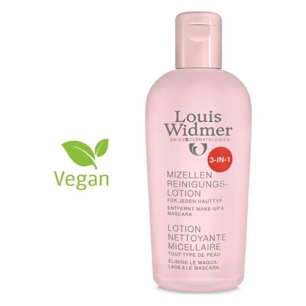 Flasche mit Louis Widmer Mizellen Reinigungs-Lotion in Rosa, gekennzeichnet als vegan und 3-in-1 für jeden Hauttyp.