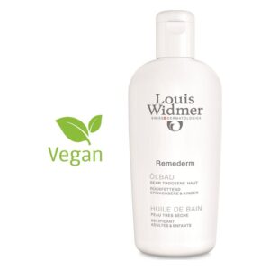 Weiße Flasche mit Pflegeöl für sehr trockene Haut, gekennzeichnet als vegan und für Erwachsene sowie Kinder geeignet.